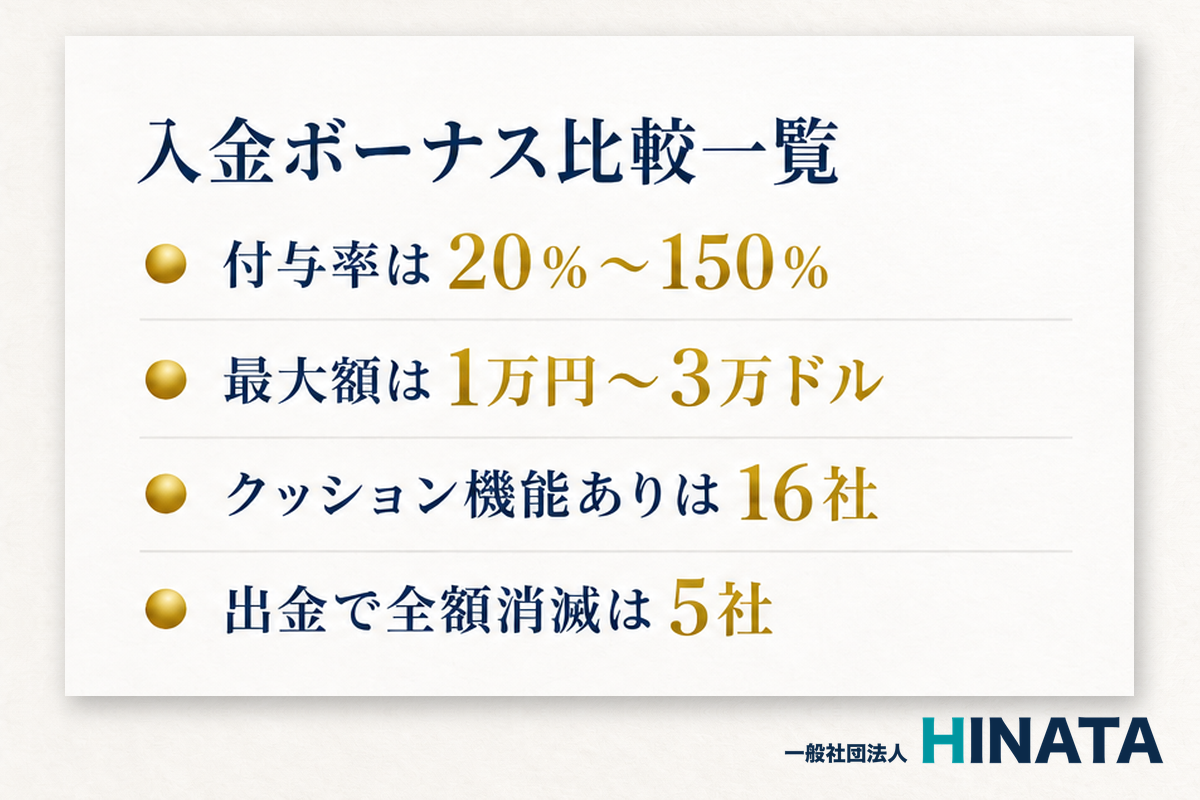 入金ボーナス比較一覧 付与率は20％〜150％・最大額は1万円〜3万ドル・クッション機能ありは16社・出金で全額消滅は5社