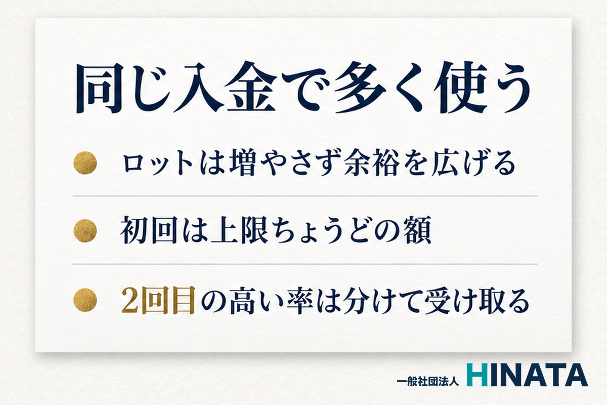 入金ボーナスの活用法 ロットは増やさず余裕を広げる・初回は上限ちょうどの額・2回目の高い率は分けて受け取る
