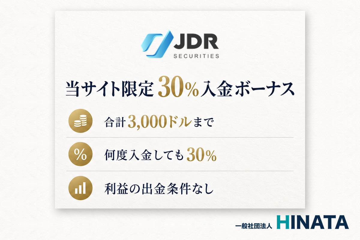 JDR Securities 当サイト限定 30％入金ボーナス 合計3,000ドルまで・何度入金しても30％・利益の出金条件なし